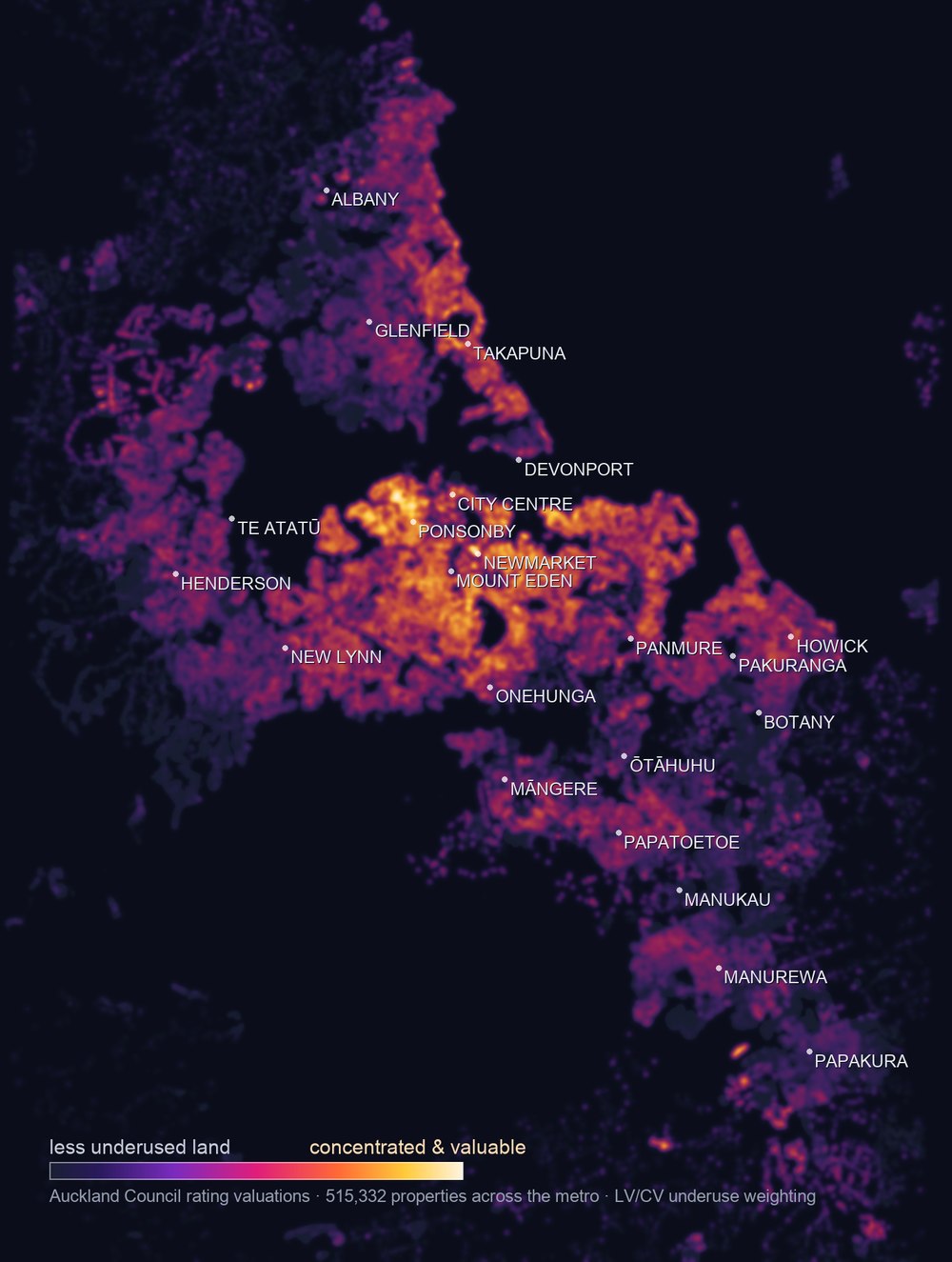 Heatmap of metro Auckland showing concentrations of underused land value, brightest around the city centre, isthmus and North Shore corridor